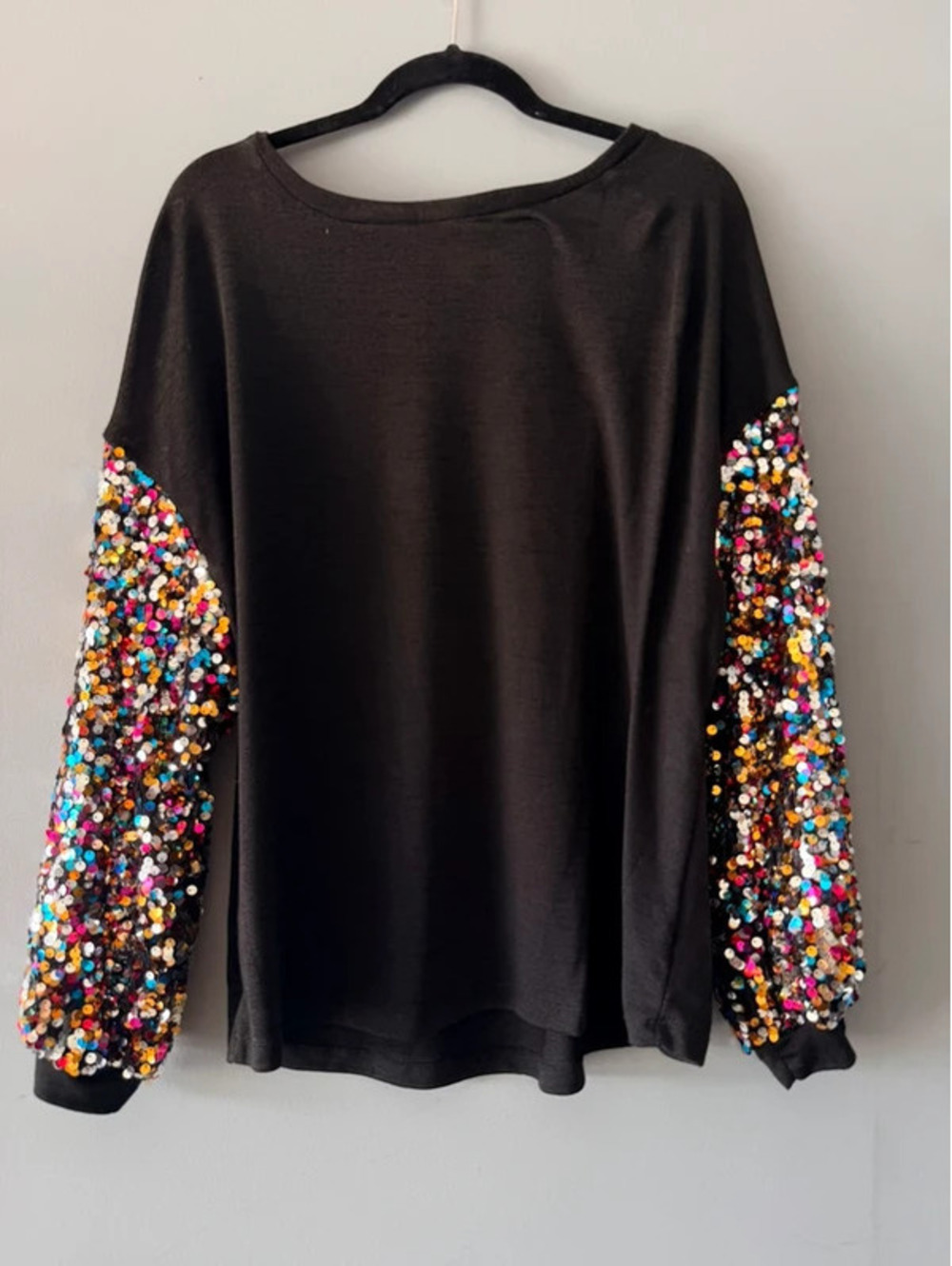 Black Top with Multi-Color Sequin Balloon Sleeves